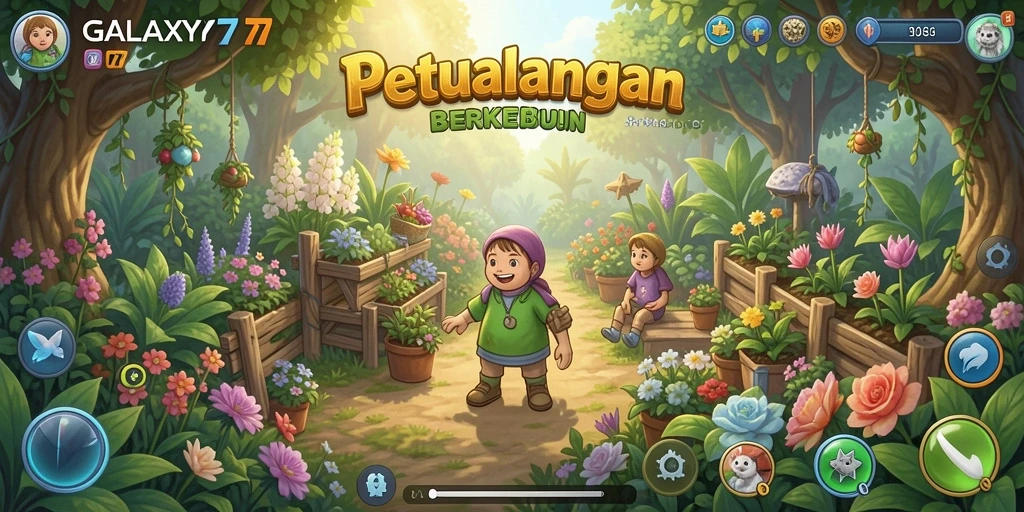 Tampilan screenshot <strong>GALAXY77</strong> menampilkan ladang yang subur dan beragam tanaman.