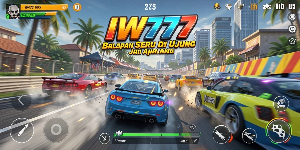Gameplay racing IW777 dengan aksi balapan seru dan mobil yang bertenaga.